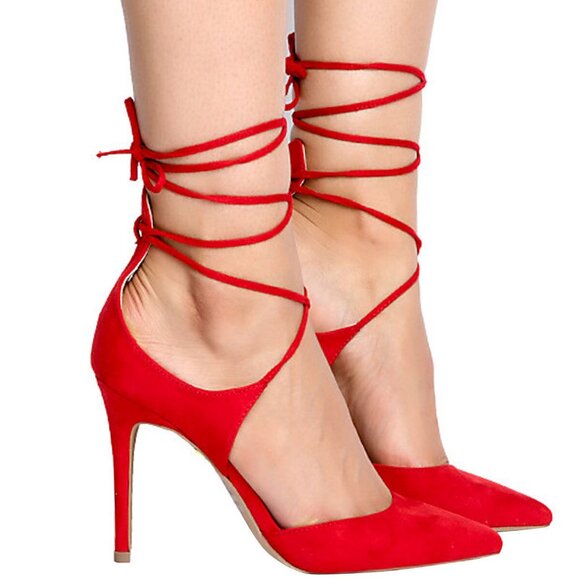 New Red Pointed Toe Strappy Lace-Up Stiletto High Heel Pump Faux Suede size 7.5 - Picture 2 of 4